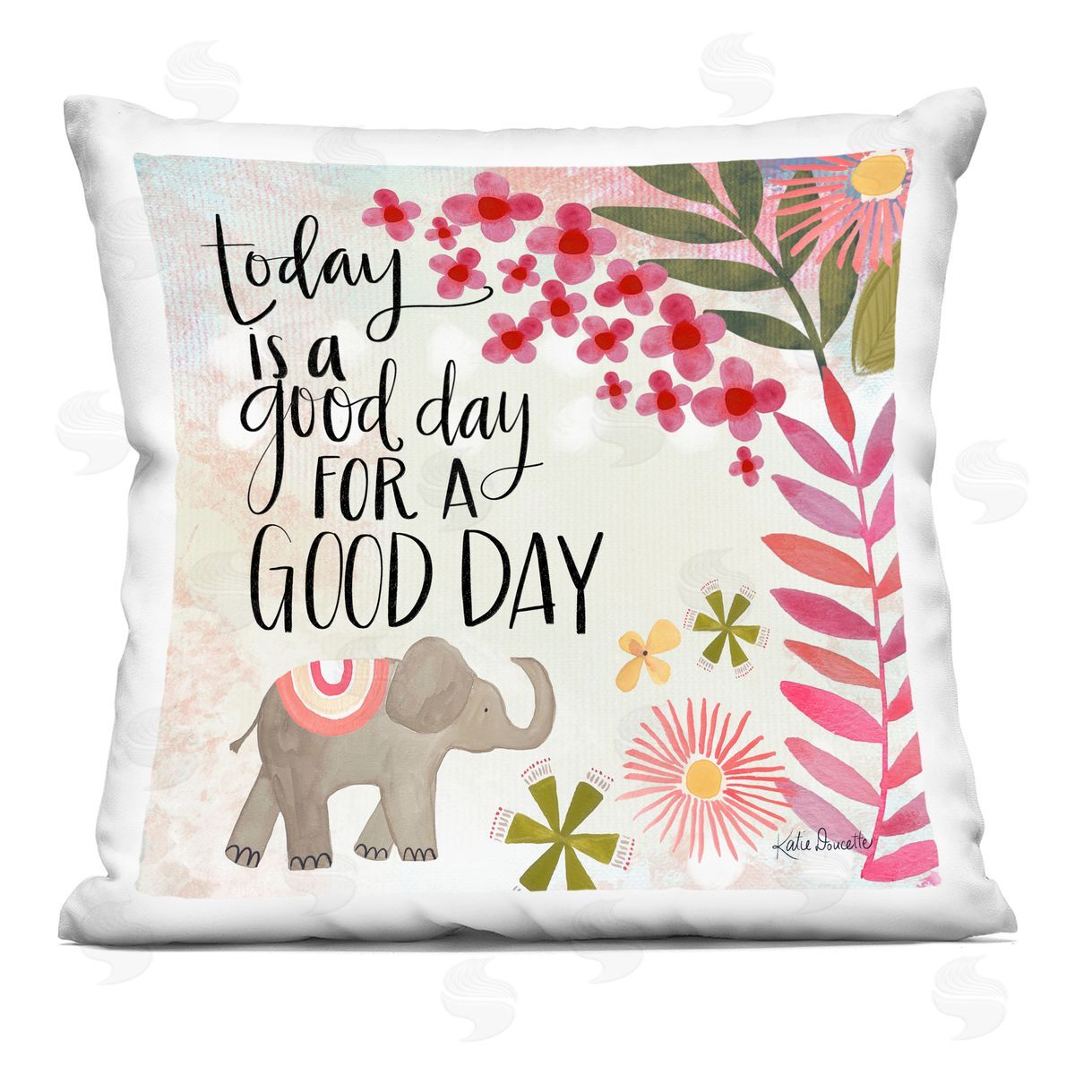 Good Day Floral Blossom Pattern Elephant Decorative Printed Pillow, Home Decor by Katie Doucette