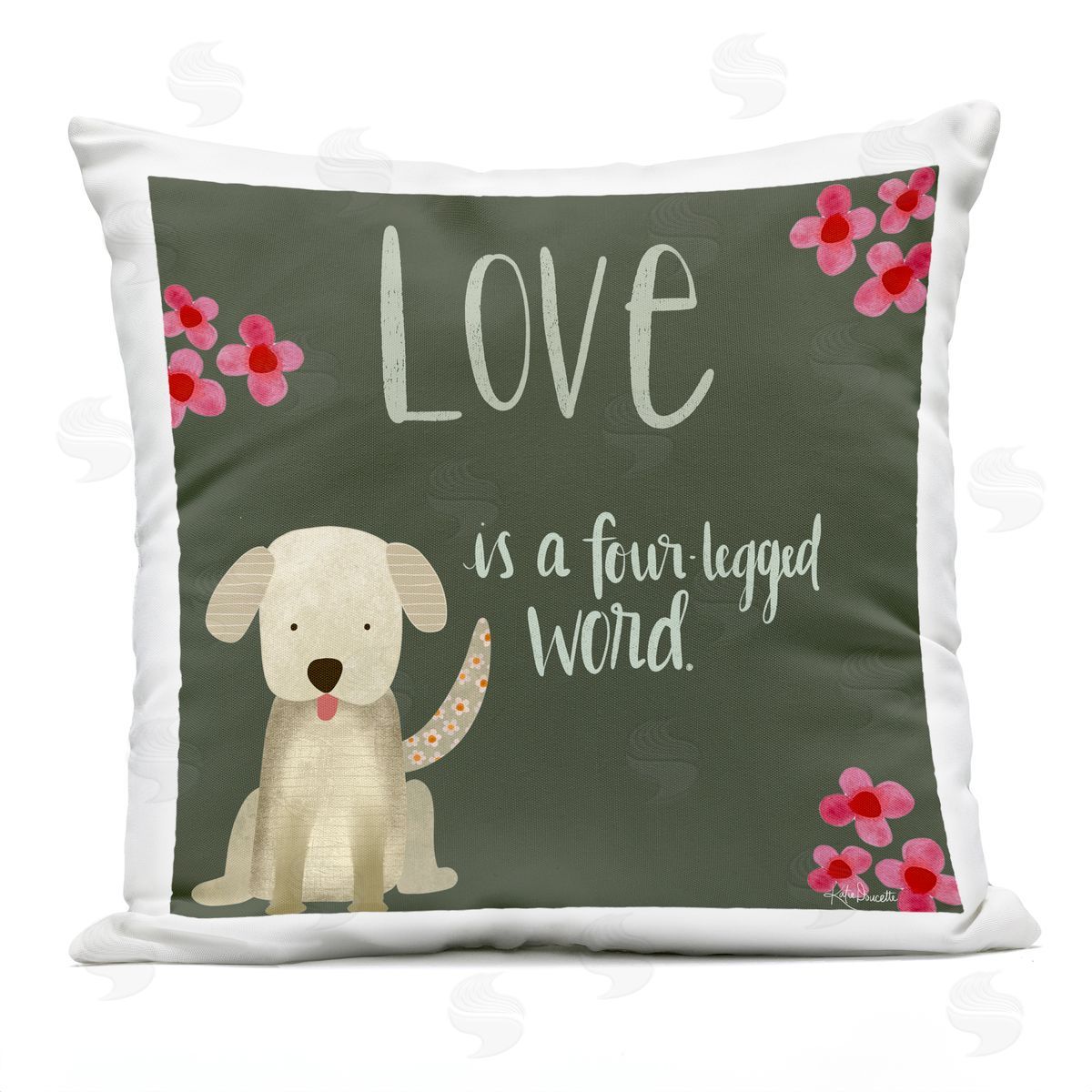 Dog Lover Happy Puppy Pink Flowers Outdoor Printed Pillow, Home Decor by Katie Doucette