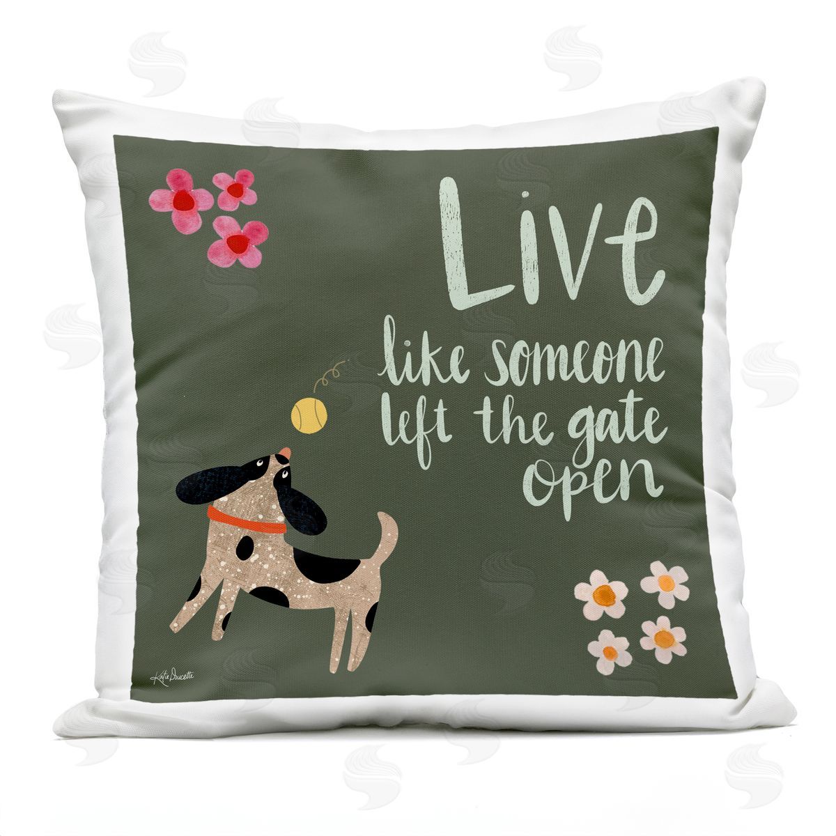 Green Calligraphy Pet Lover Phrase Playing Dog Outdoor Printed Pillow, Home Decor by Katie Doucette