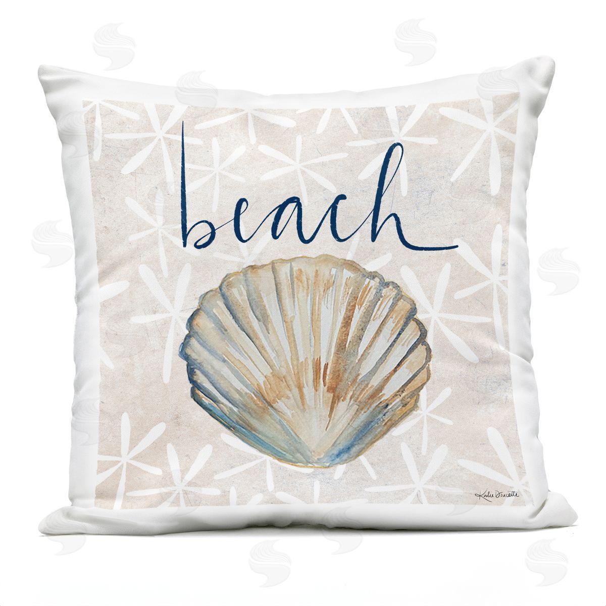 Nautical Pattern Clam Shell Beach Calligraphy Outdoor Printed Pillow, Home Decor by Katie Doucette