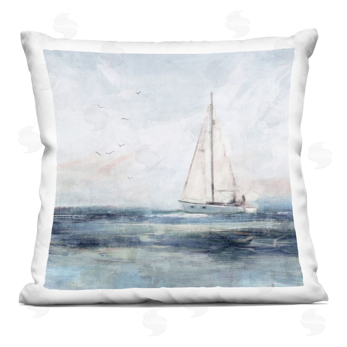 Tranquil Ocean Scene Distant Floating Sailboat Decorative Printed Pillow, Home Decor by Nina Blue