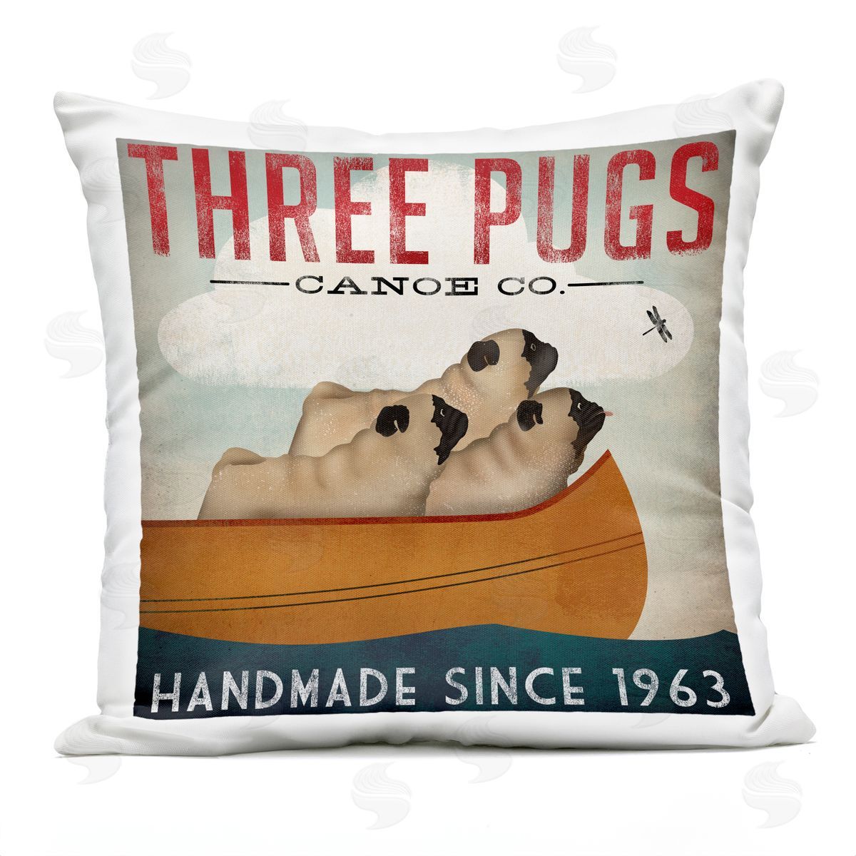 Vintage Canoe Company Boating Pug Dogs Outdoor Printed Pillow, Home Decor by Ryan Fowler