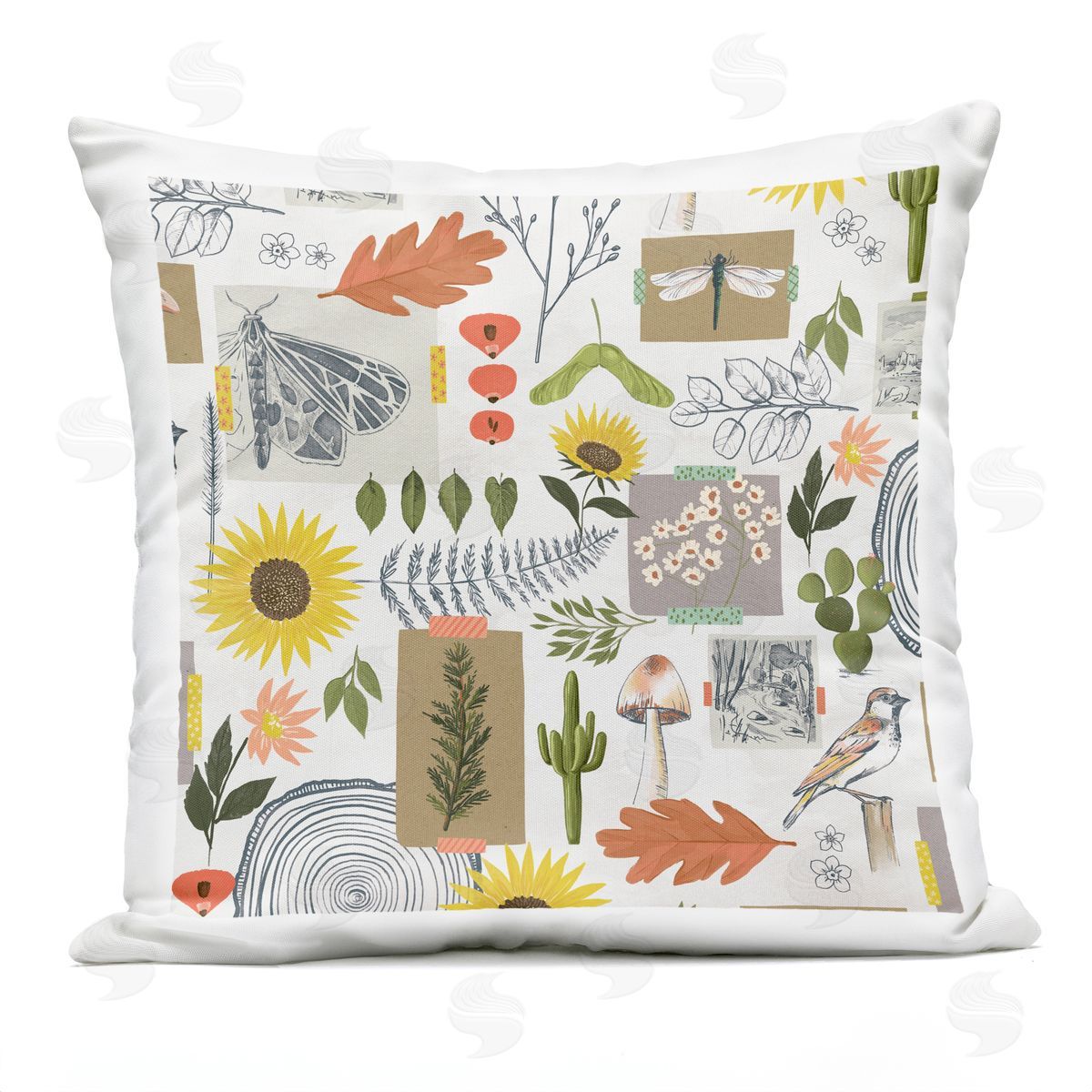 Varied Nature Collage Botanical Leaves Wildlife Outdoor Printed Pillow, Home Decor by Loni Harris