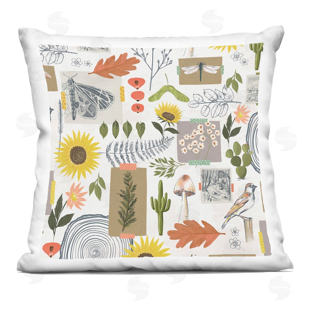 Varied Nature Collage Botanical Leaves Wildlife Decorative Printed Pillow, Home Decor by Loni Harris