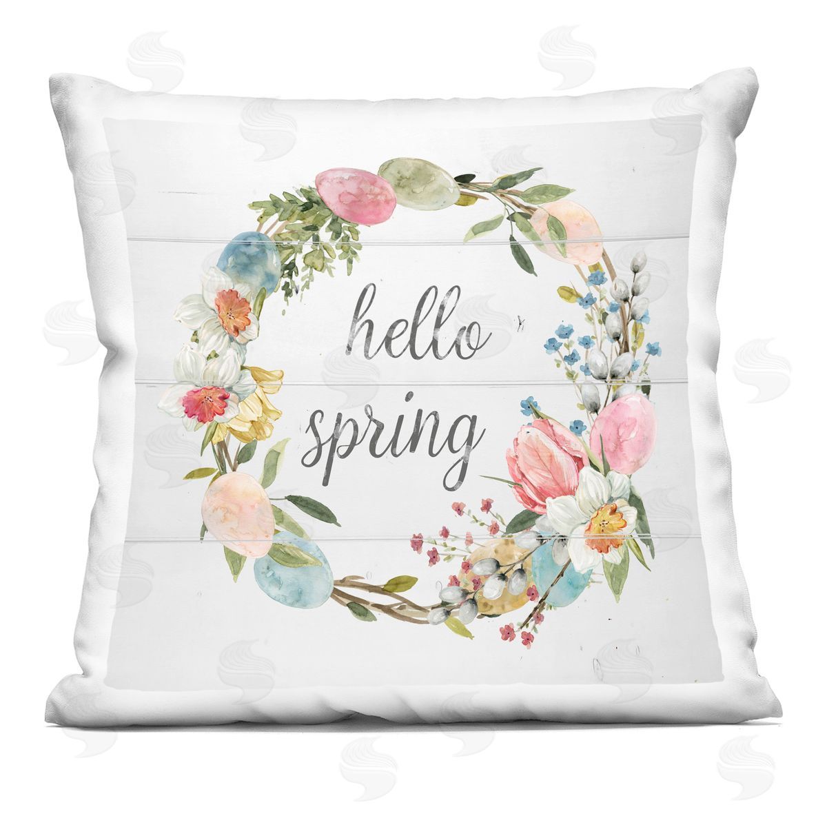 Hello Spring Pastel Floral Wreath Petals Decorative Printed Pillow, Home Decor by Livi + Fin
