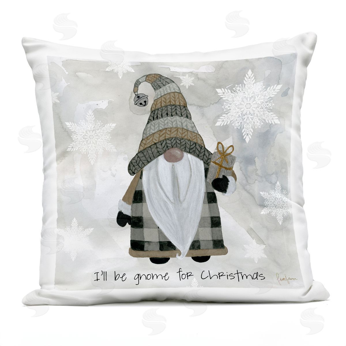 Cozy Gnome Holding Gift Holiday Snowflakes Outdoor Printed Pillow, Home Decor by Livi + Fin
