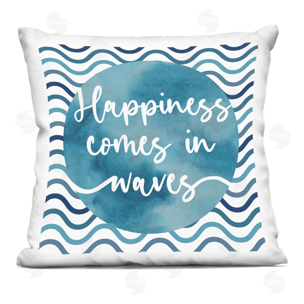 Happiness Comes Nautical Quote Wavy Stripes Decorative Printed Pillow, Home Decor by Linda Birtel