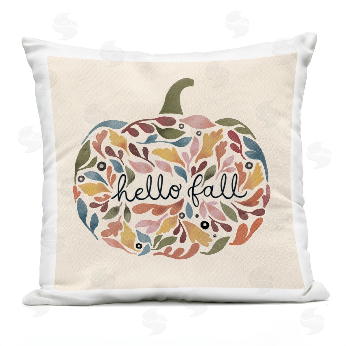 Hello Fall Mixed Leaves Pumpkin Shape Calligraphy Outdoor Printed Pillow, Home Decor by Laura Konyndyk