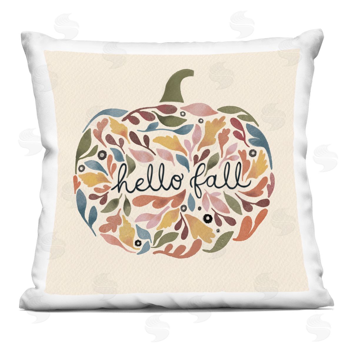 Hello Fall Mixed Leaves Pumpkin Shape Calligraphy Decorative Printed Pillow, Home Decor by Laura Konyndyk