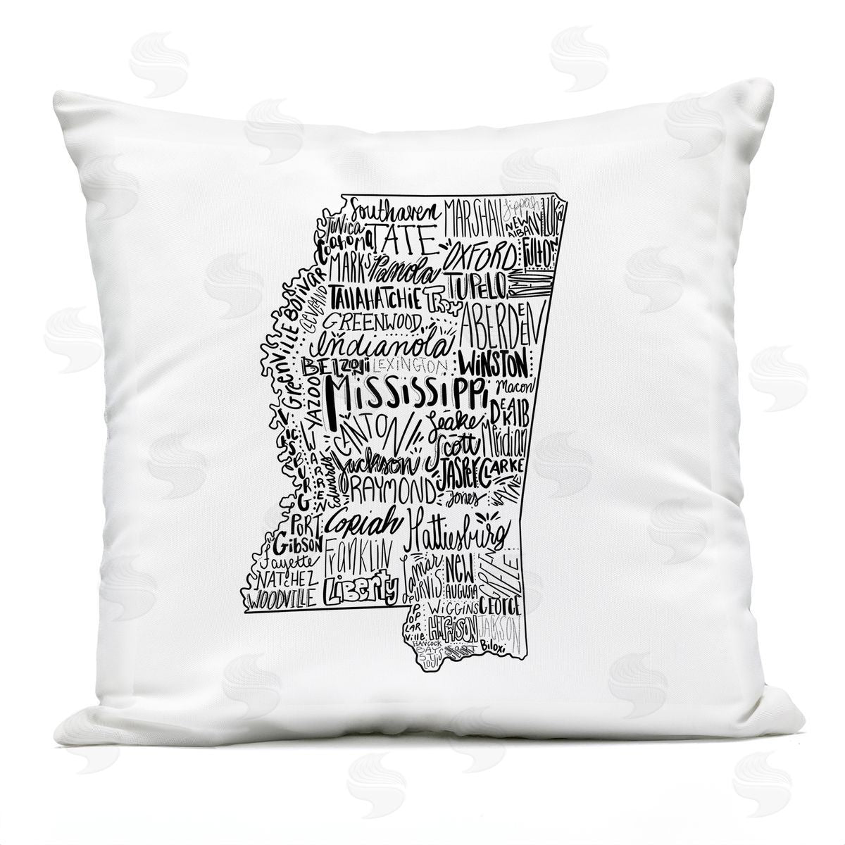 Mississippi Cities Landmarks State Typography Map Outdoor Printed Pillow, Home Decor by Saturday Evening Post