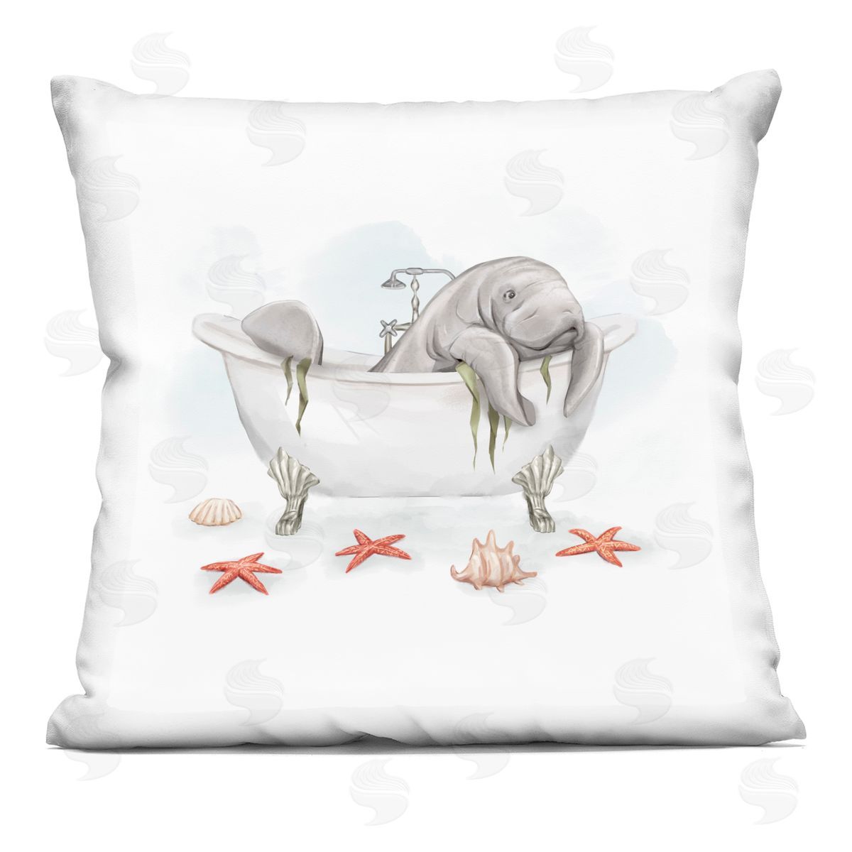 Manatee Swimming Bathtub Marine Animal Starfish Decorative Printed Pillow, Home Decor by Ziwei Li