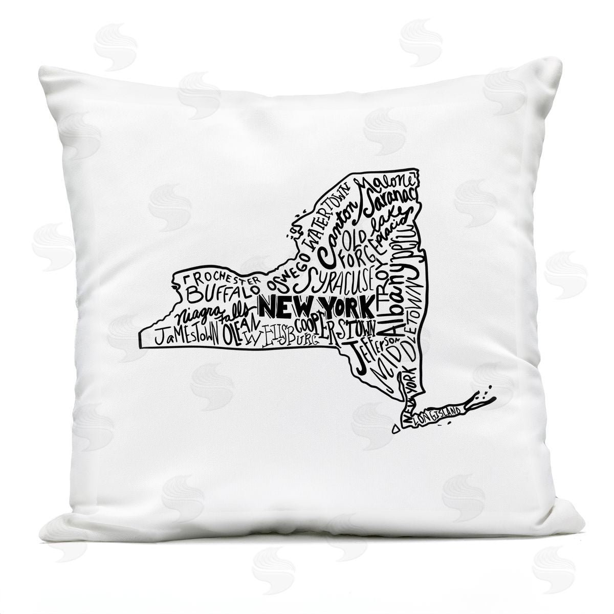 New York State Shape Cities Typography Outdoor Printed Pillow, Home Decor by Saturday Evening Post