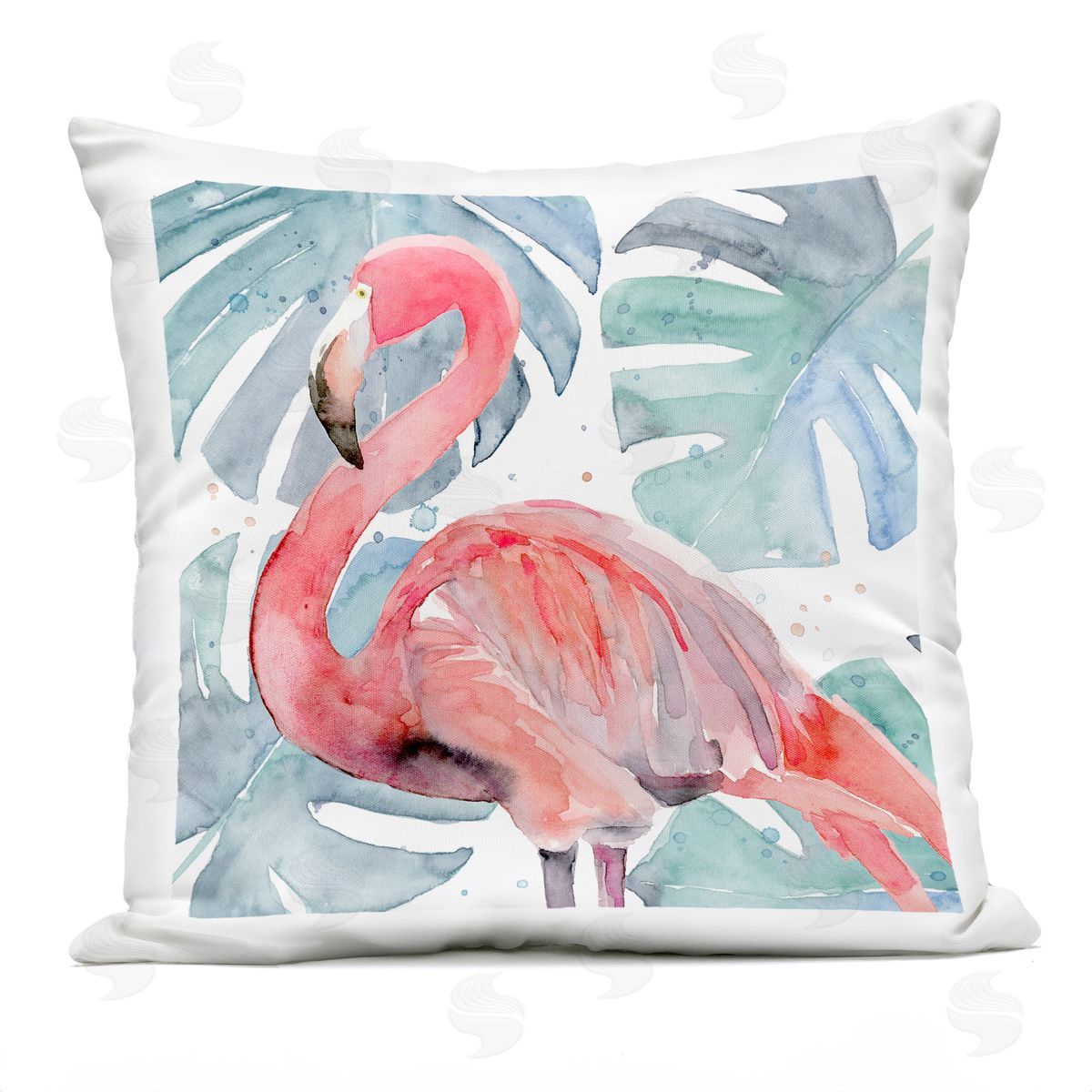 Pink Tropical Flamingo Green Monstera Plant Leaves Outdoor Printed Pillow, Home Decor by Annie Warren