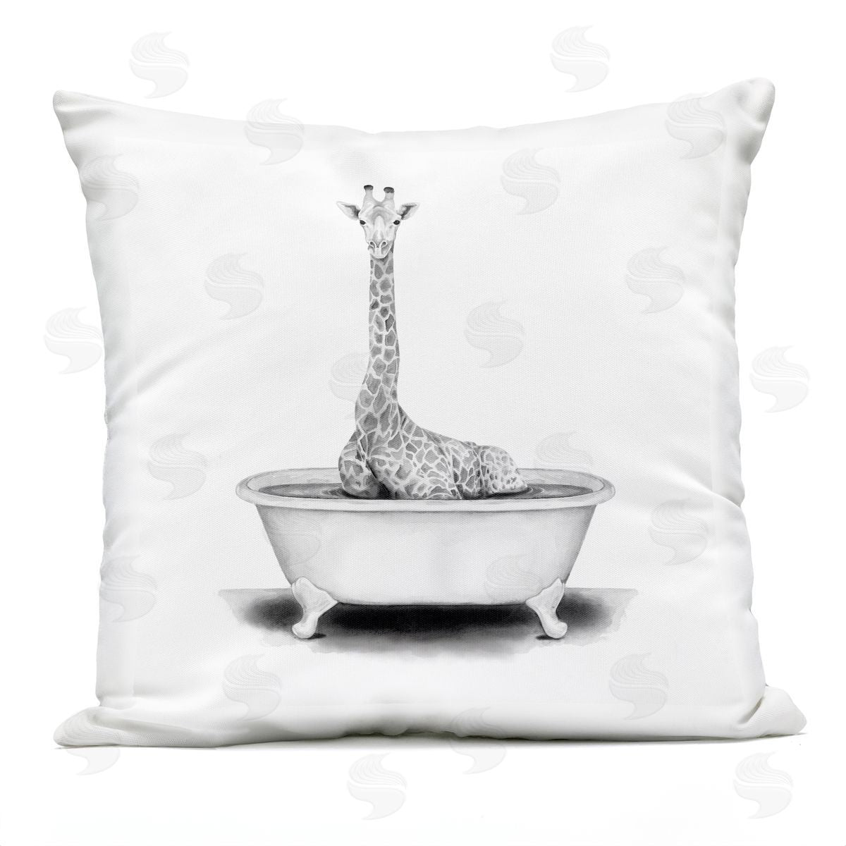 Giraffe Sitting in Bathtub Funny Wildlife Animal Outdoor Printed Pillow, Home Decor by Rachel Neiman