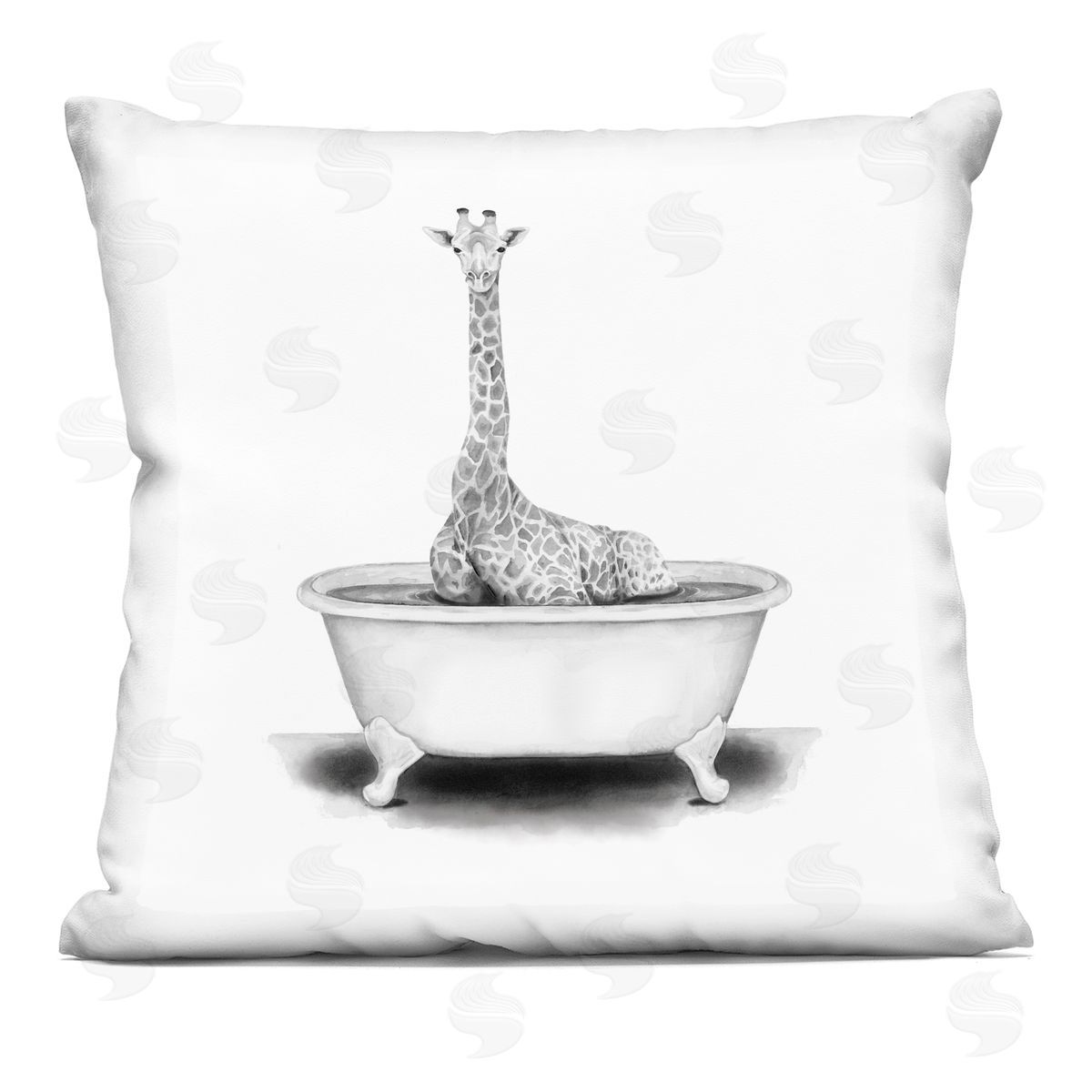 Giraffe Sitting in Bathtub Funny Wildlife Animal Decorative Printed Pillow, Home Decor by Rachel Neiman