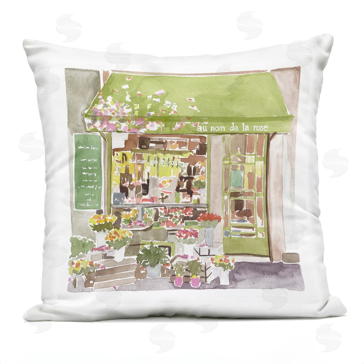 French Flower Shop Green Botanical Storefront Outdoor Printed Pillow, Home Decor by Melissa Wang