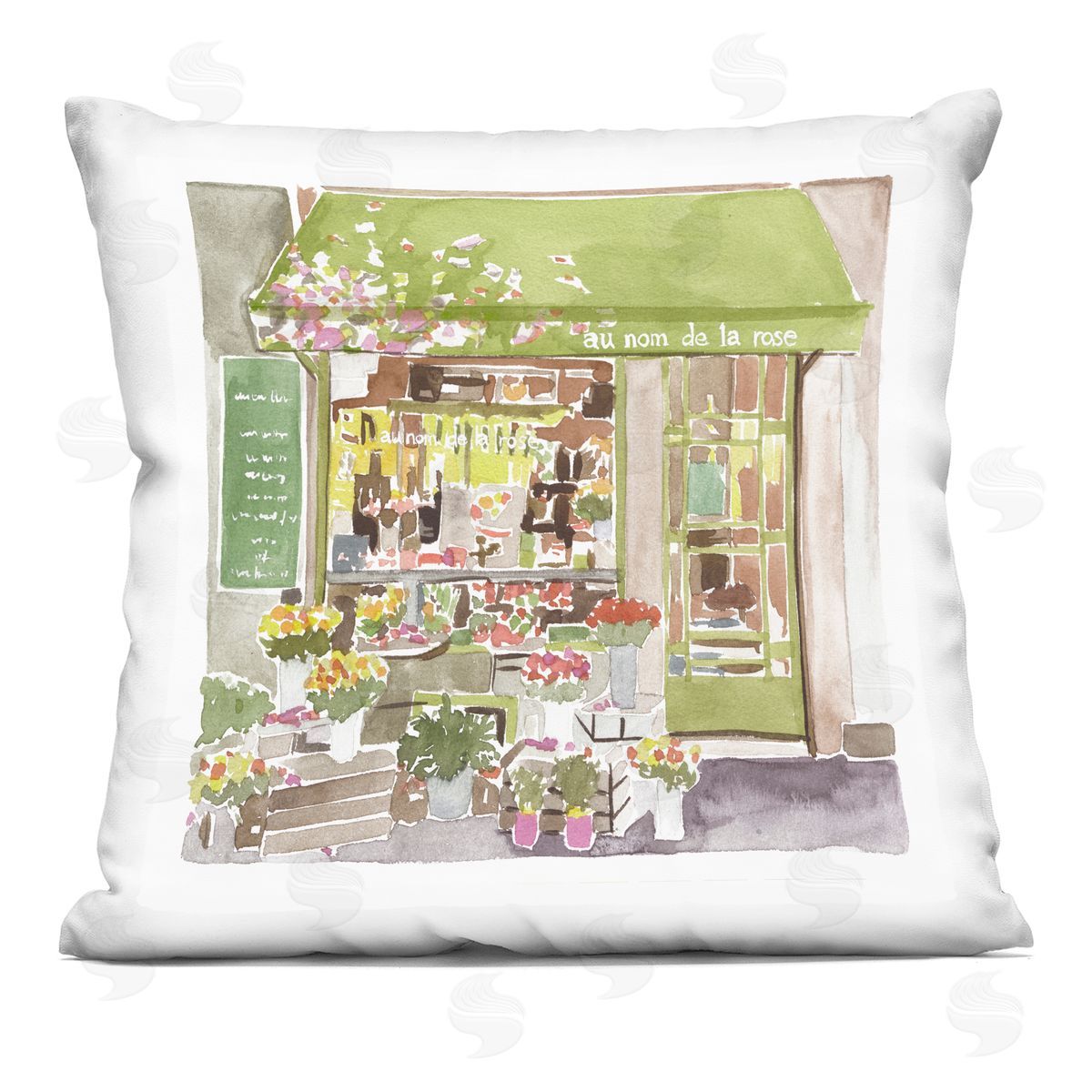 French Flower Shop Green Botanical Storefront Decorative Printed Pillow, Home Decor by Melissa Wang