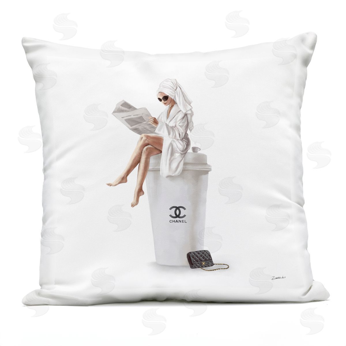 Chic Fashion Coffee & Purse Female Wearing Robe Outdoor Printed Pillow, Home Decor by Ziwei Li
