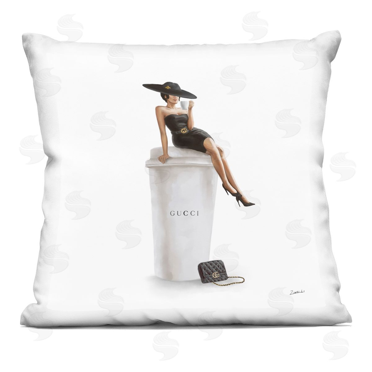 Stylish Fashion Woman Pose Glam Coffee Cup Decorative Printed Pillow, Home Decor by Ziwei Li