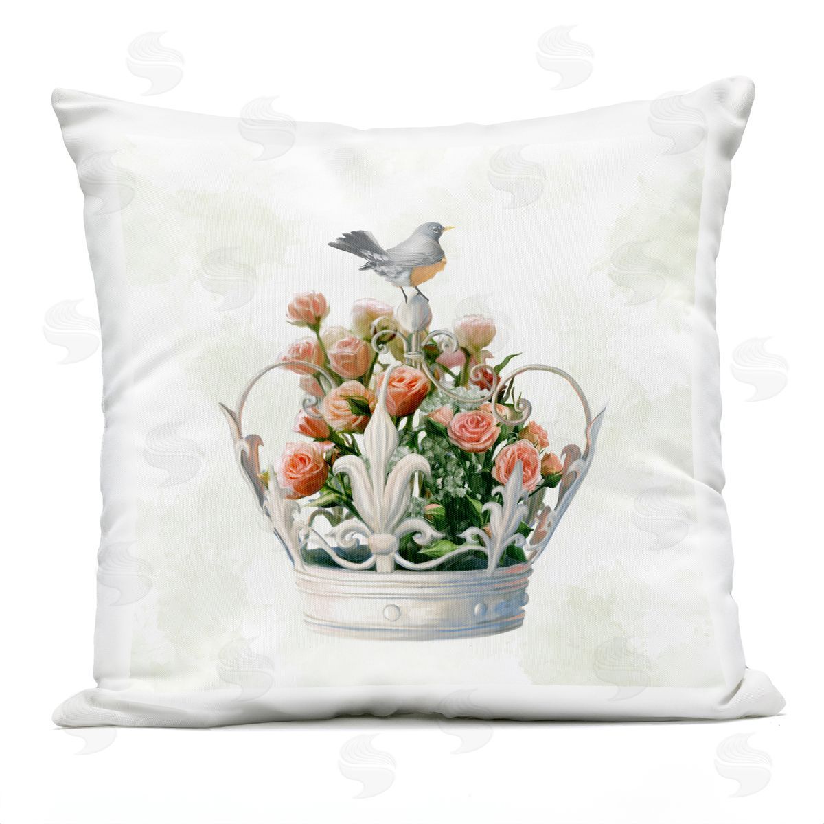 Bird Perched Regal Crown Pink Rose Bouquet Outdoor Printed Pillow, Home Decor by Ziwei Li