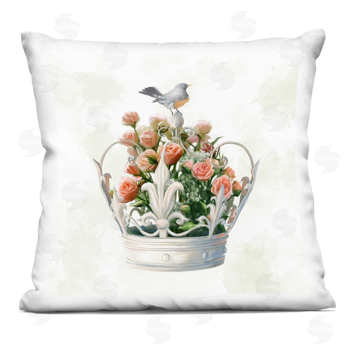 Bird Perched Regal Crown Pink Rose Bouquet Decorative Printed Pillow, Home Decor by Ziwei Li
