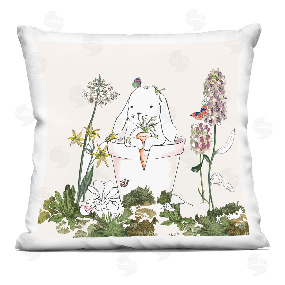 Bunny Flower Pot Botanical Lilac Floral Blooms Decorative Printed Pillow, Home Decor by Sangita Bachelet