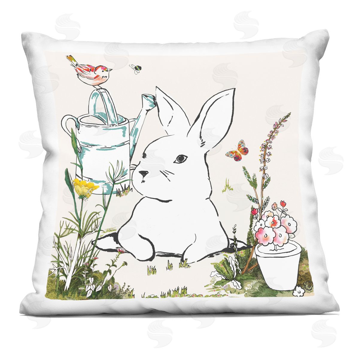 Curious Bunny Rabbit Floral Bird Perched Decorative Printed Pillow, Home Decor by Sangita Bachelet