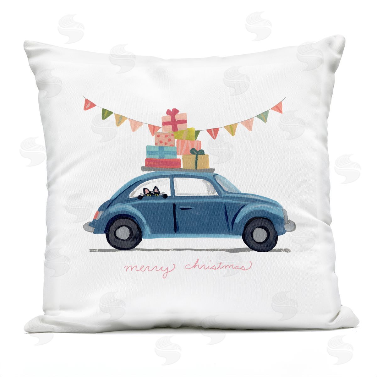 Blue Merry Christmas Car Peeking Cat Gifts Outdoor Printed Pillow, Home Decor by June Erica Vess
