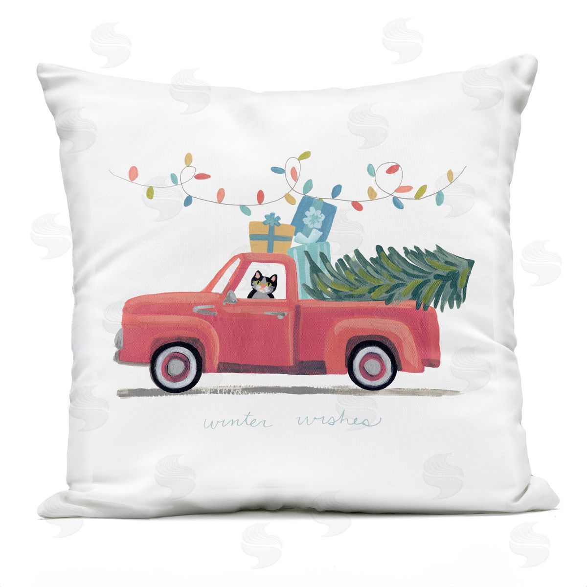 Winter Wishes Red Christmas Cat Gift Truck Outdoor Printed Pillow, Home Decor by June Erica Vess