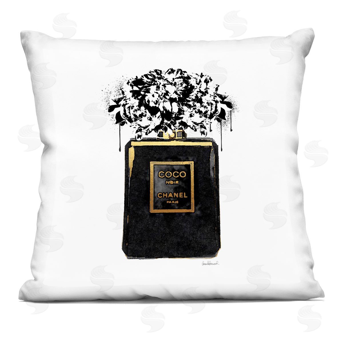 Black Fashion Flower Drip Glam Brand Perfume Decorative Printed Pillow, Home Decor by Amanda Greenwood