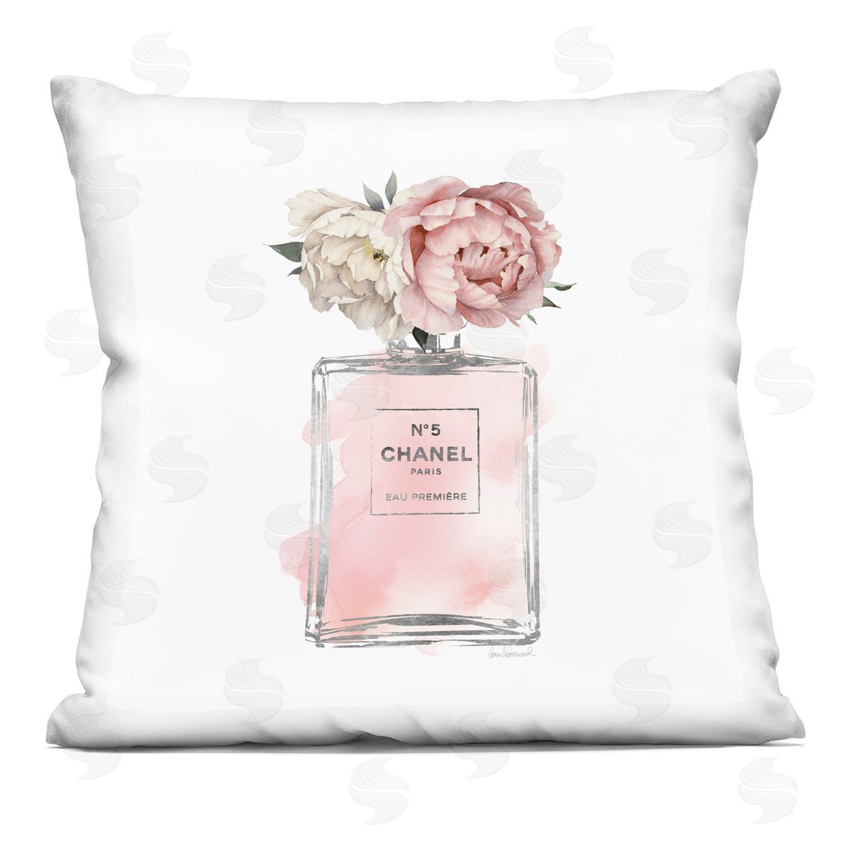 Soft Vintage Flowers Pink Fragrance Fashion Bottle Decorative Printed Pillow, Home Decor by Amanda Greenwood