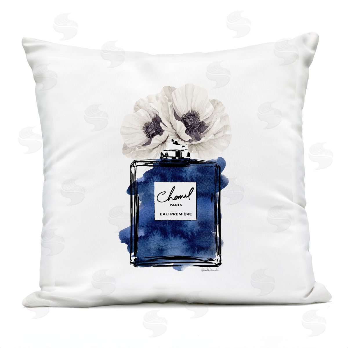 Blue Fashion Fragrance Bottle White Poppy Flowers Outdoor Printed Pillow, Home Decor by Amanda Greenwood