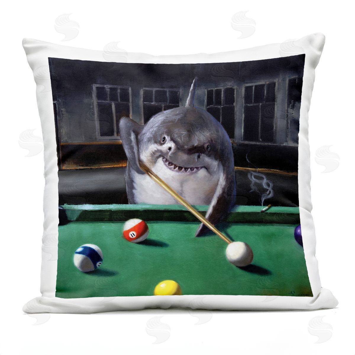 Pool Shark Humorous Animal Marine Life Pub Outdoor Printed Pillow, Home Decor by Lucia Heffernan