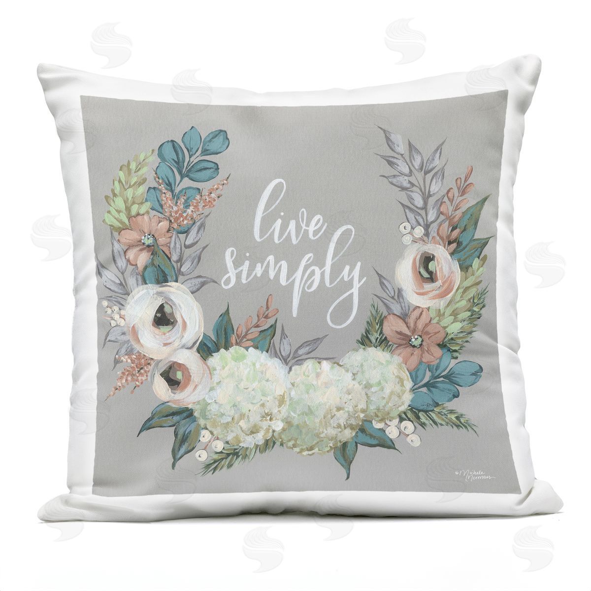 Live Simply Blooming Floral Wreath Sentiment Outdoor Printed Pillow, Home Decor by Michele Norman