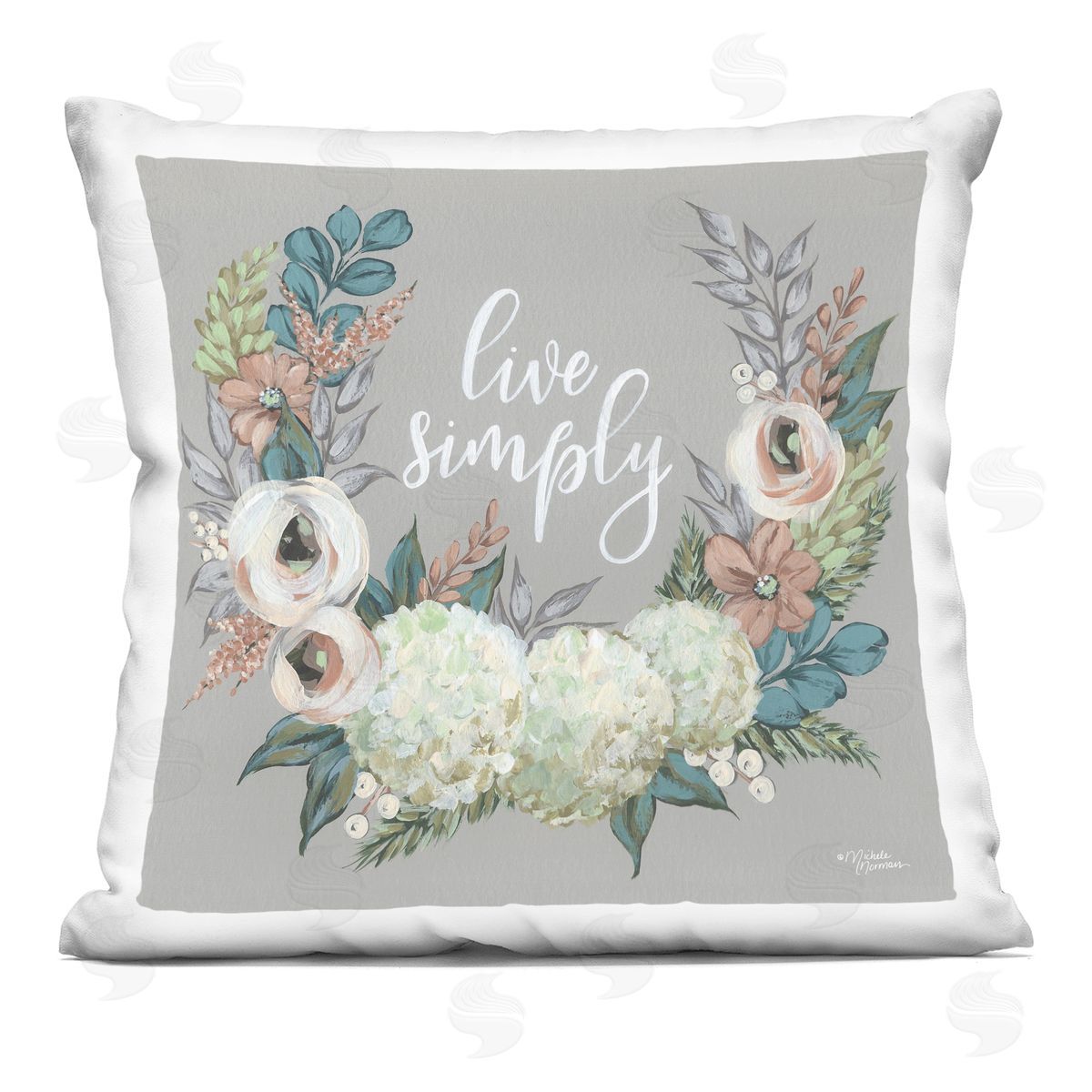 Live Simply Blooming Floral Wreath Sentiment Decorative Printed Pillow, Home Decor by Michele Norman