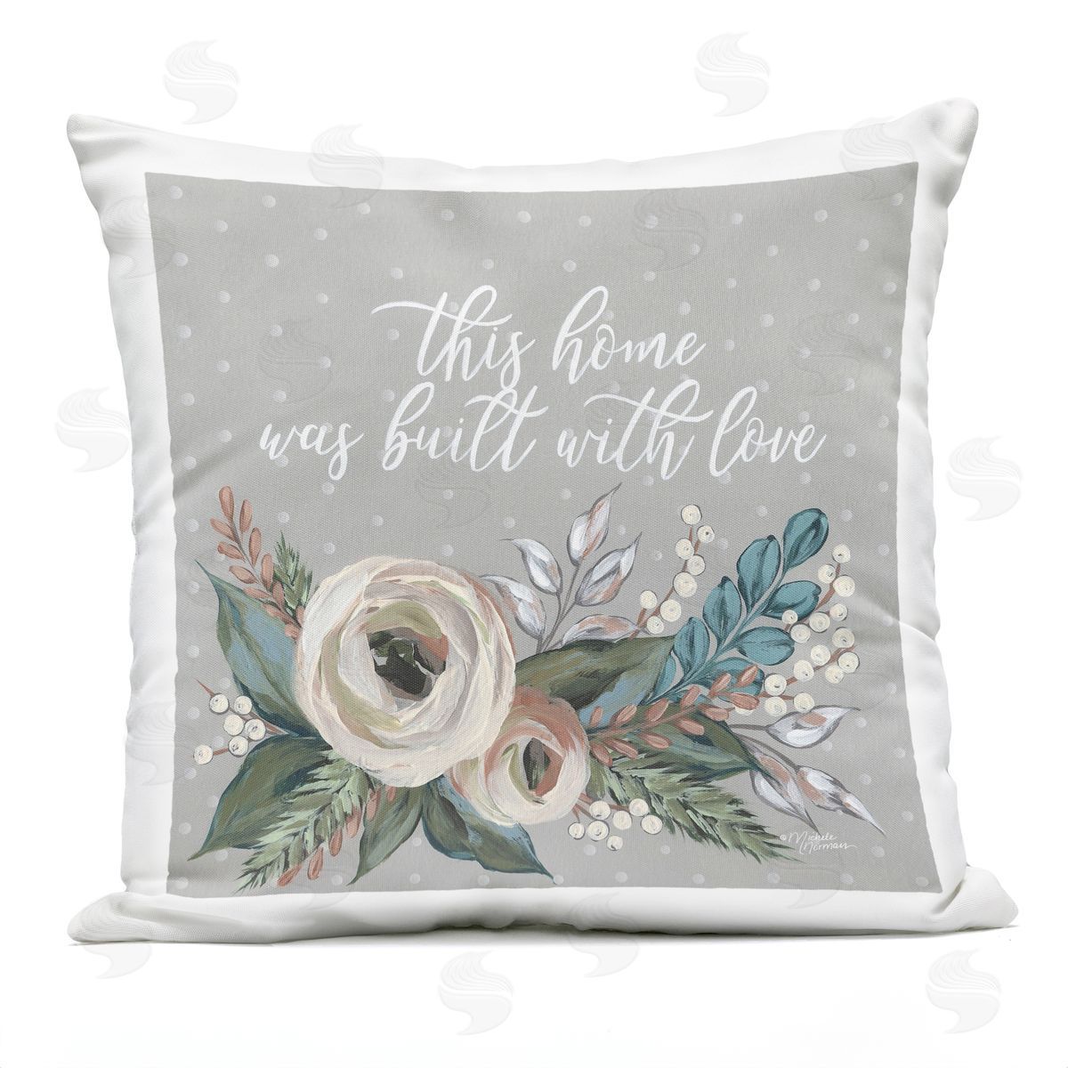 Built With Love Sentimental Family Quote Florals Outdoor Printed Pillow, Home Decor by Michele Norman