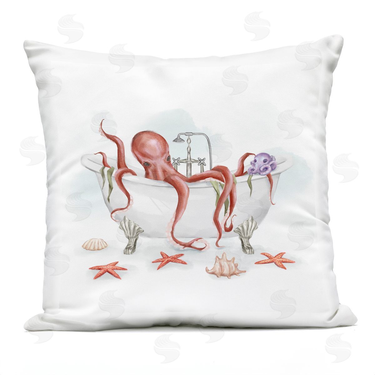 Red Octopus Swimming Bathtub Nautical Sea Life Outdoor Printed Pillow, Home Decor by Ziwei Li