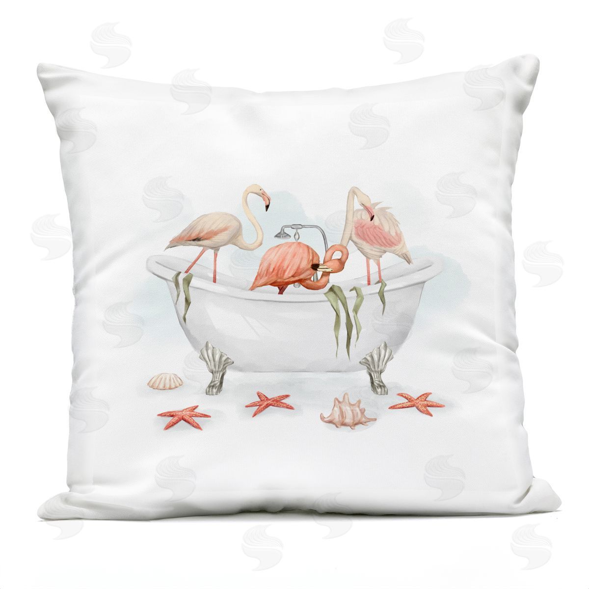 Three Flamingos Bathing Nautical Seaside Tub Outdoor Printed Pillow, Home Decor by Ziwei Li