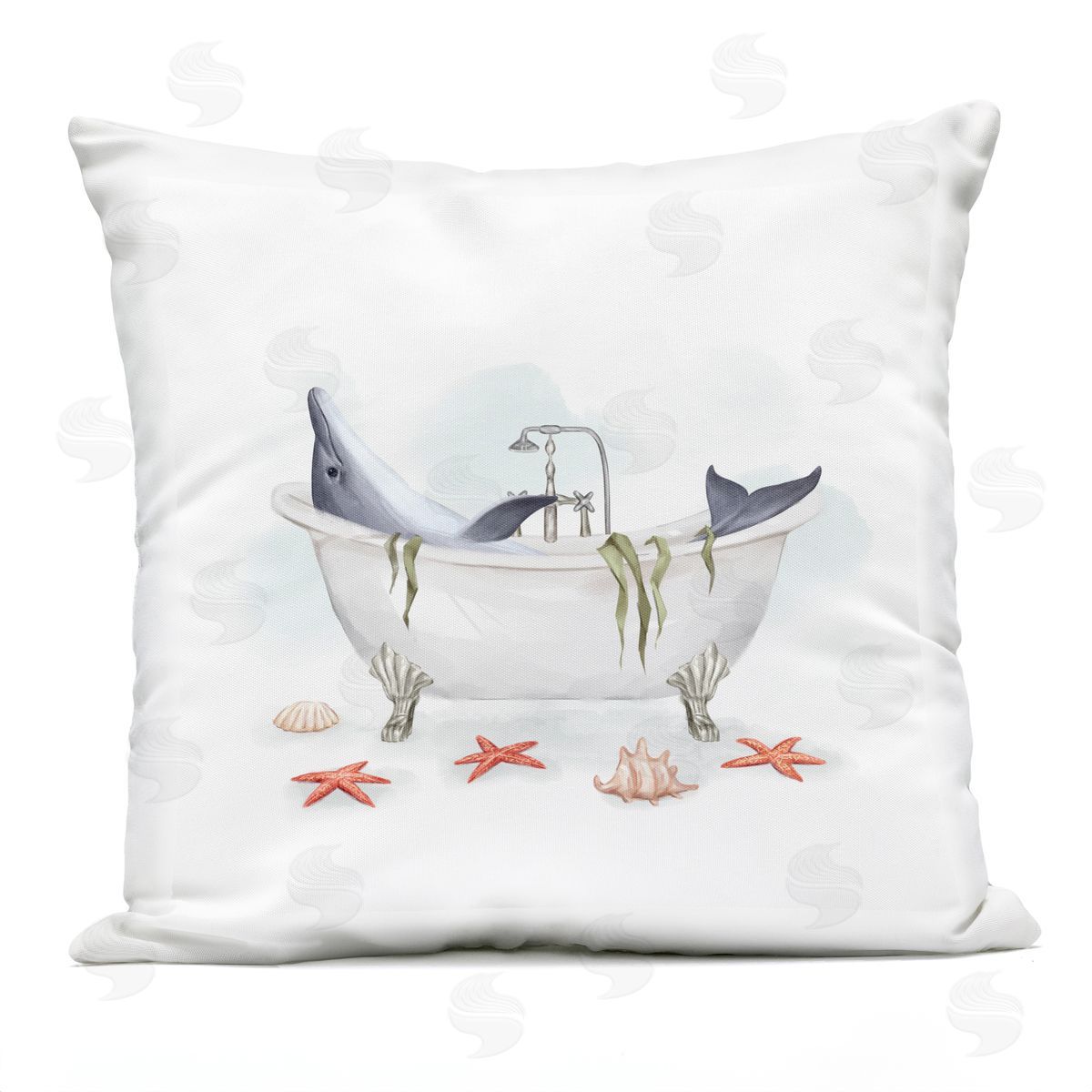 Dolphin Lounging Nautical Seaweed Coastal Bathtub Outdoor Printed Pillow, Home Decor by Ziwei Li