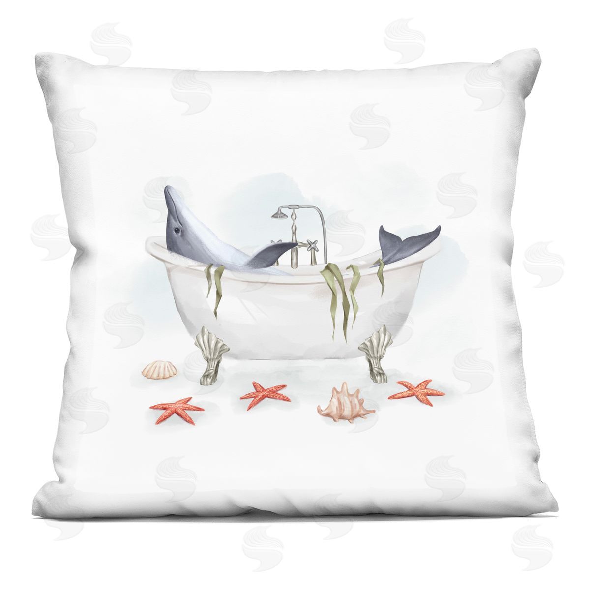 Dolphin Lounging Nautical Seaweed Coastal Bathtub Decorative Printed Pillow, Home Decor by Ziwei Li