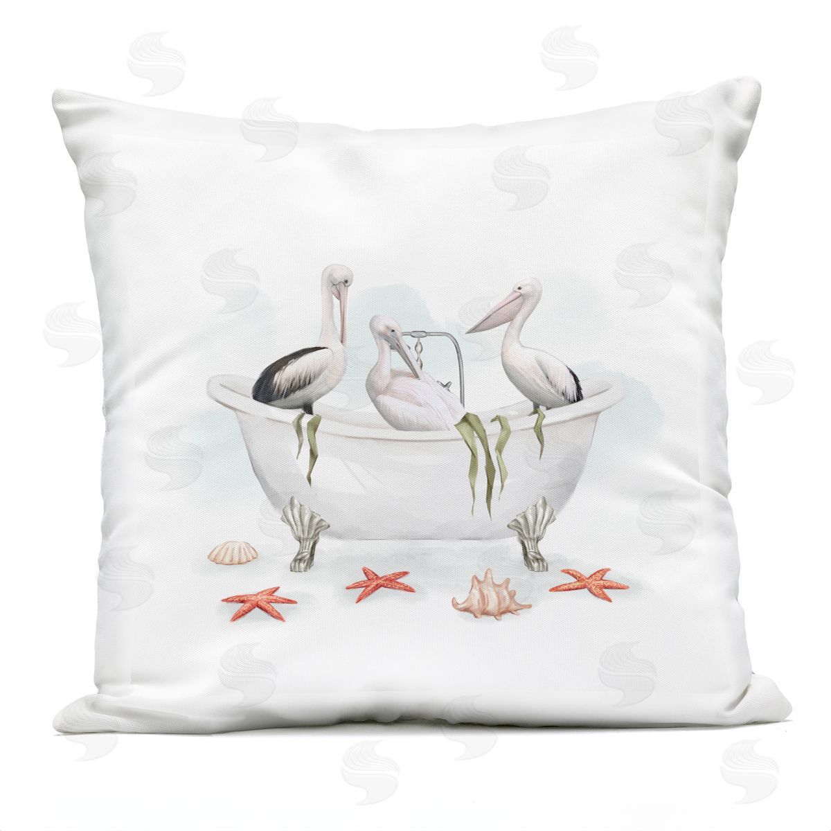 White Pelican Birds Vintage Bathtub Nautical Shells Outdoor Printed Pillow, Home Decor by Ziwei Li