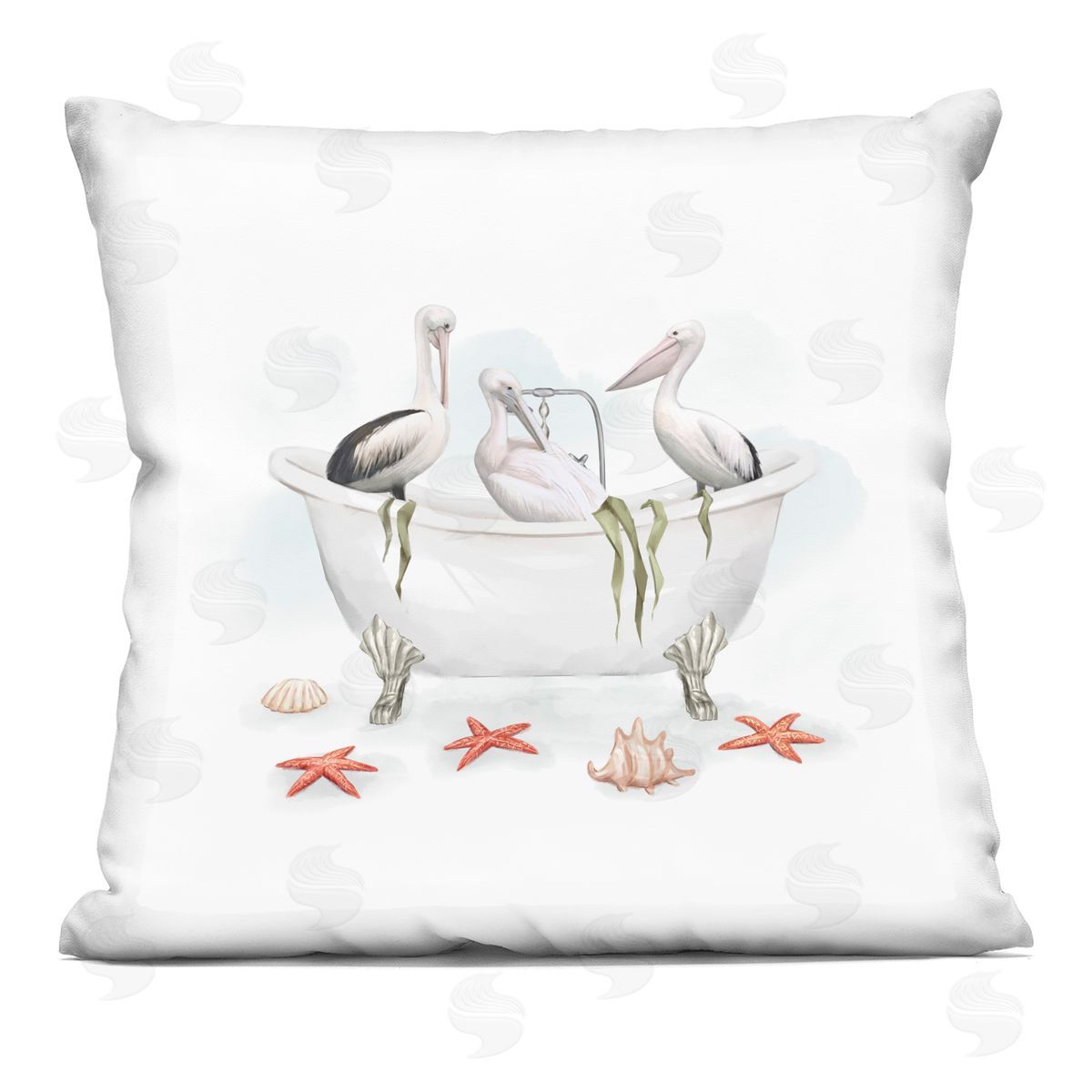 White Pelican Birds Vintage Bathtub Nautical Shells Decorative Printed Pillow, Home Decor by Ziwei Li