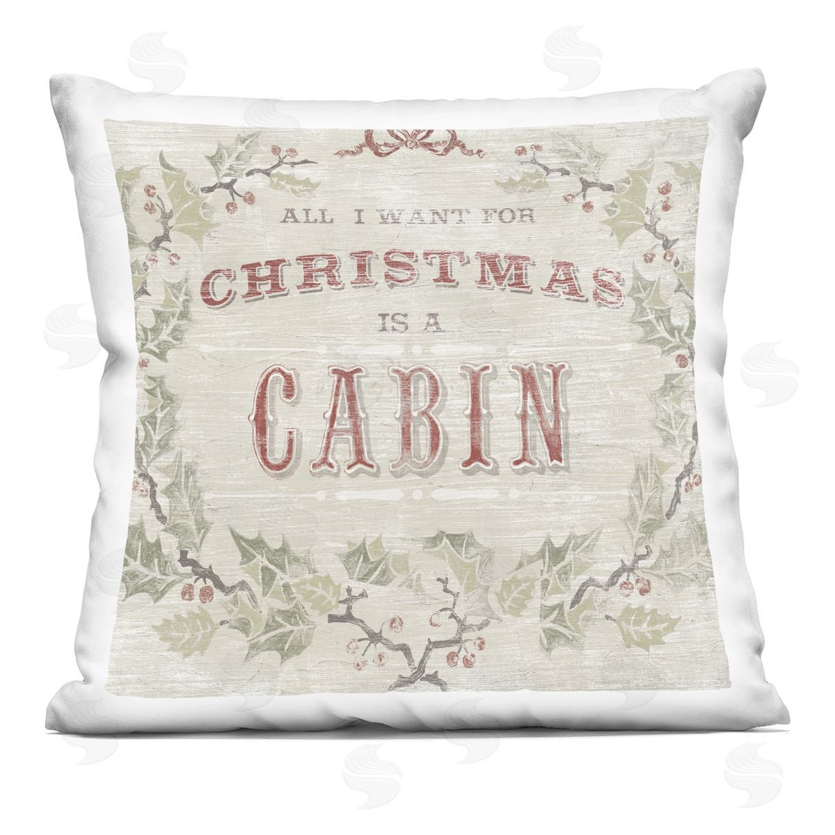 Christmas Cabin Phrase Rustic Holly Wreath Decorative Printed Pillow, Home Decor by June Erica Vess