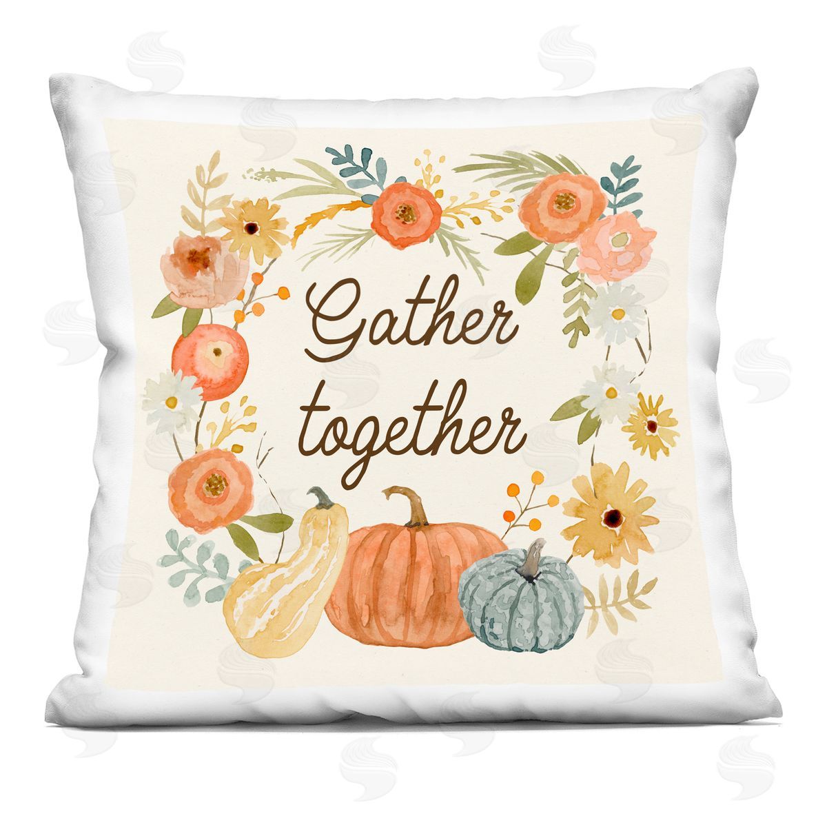 Gather Together Phrase Mixed Autumnal Gourds Flowers Decorative Printed Pillow, Home Decor by Victoria Barnes