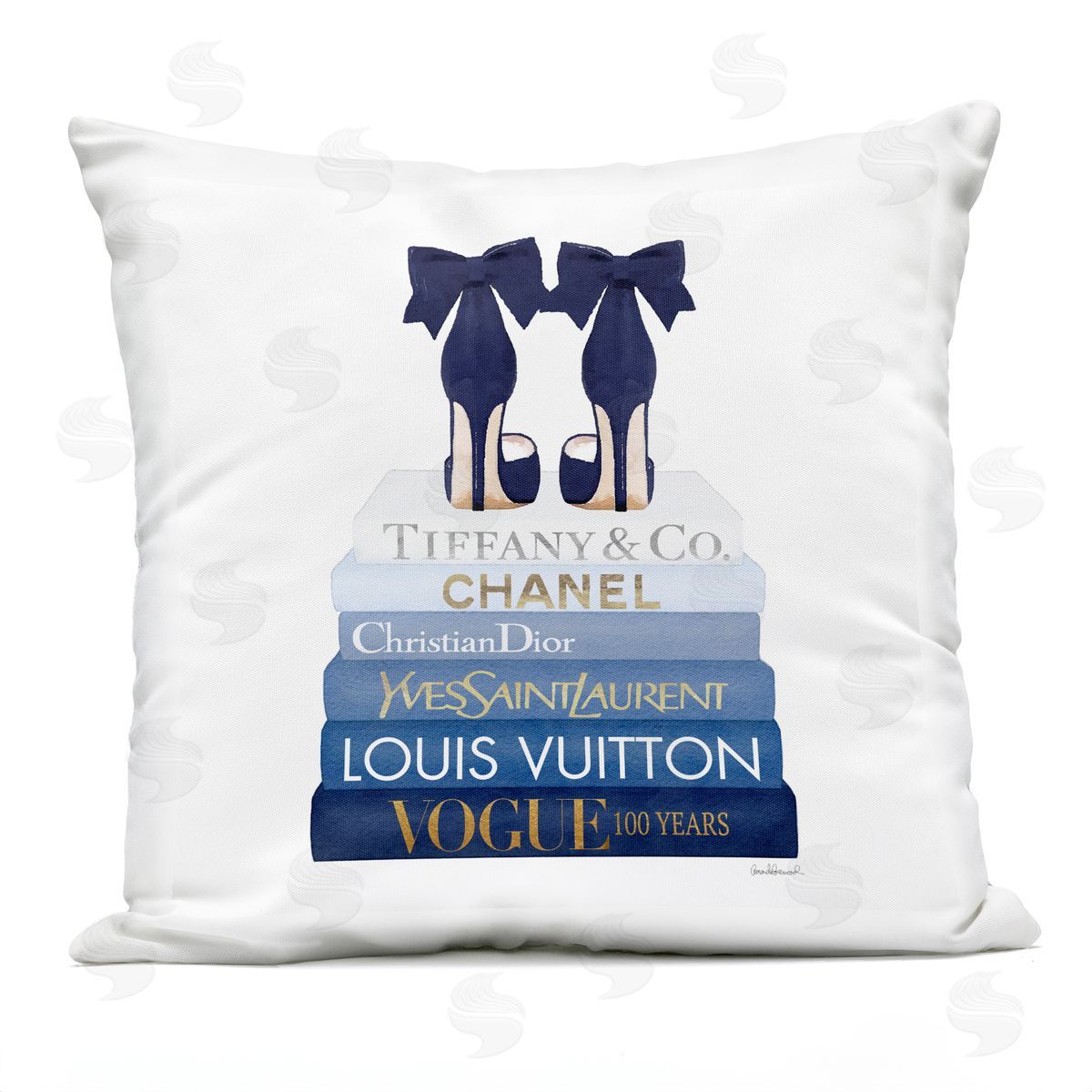 Navy Blue Fashion Heels Glam Brand Bookstack Outdoor Printed Pillow, Home Decor by Amanda Greenwood