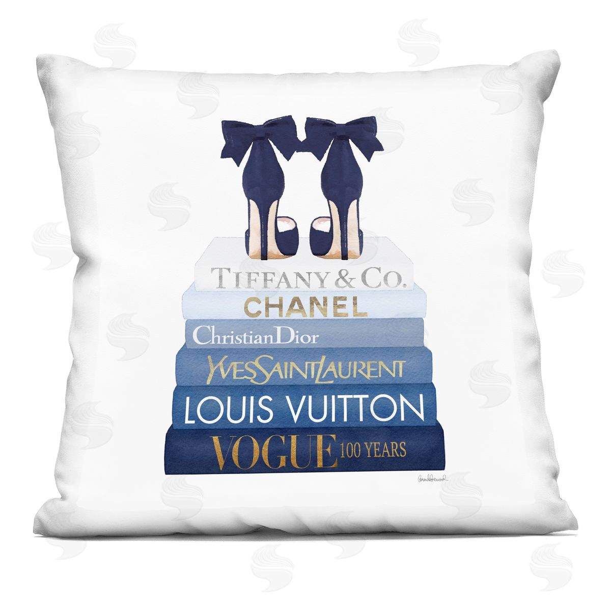 Navy Blue Fashion Heels Glam Brand Bookstack Decorative Printed Pillow, Home Decor by Amanda Greenwood