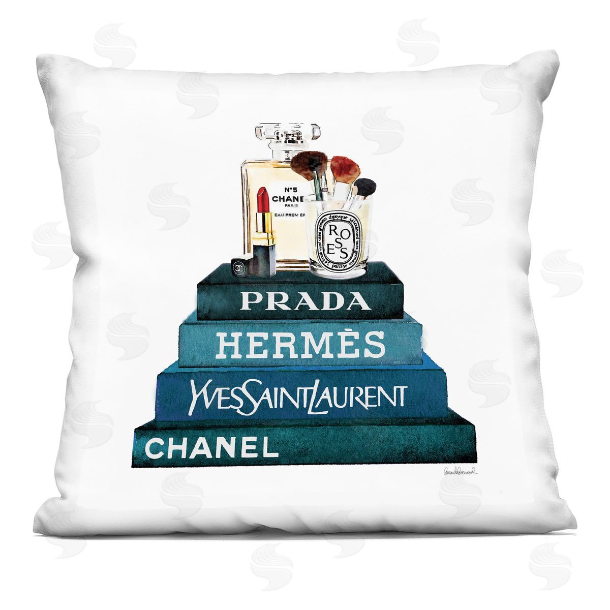 Blue Fashion Makeup Accessories On Glam Books Decorative Printed Pillow, Home Decor by Amanda Greenwood