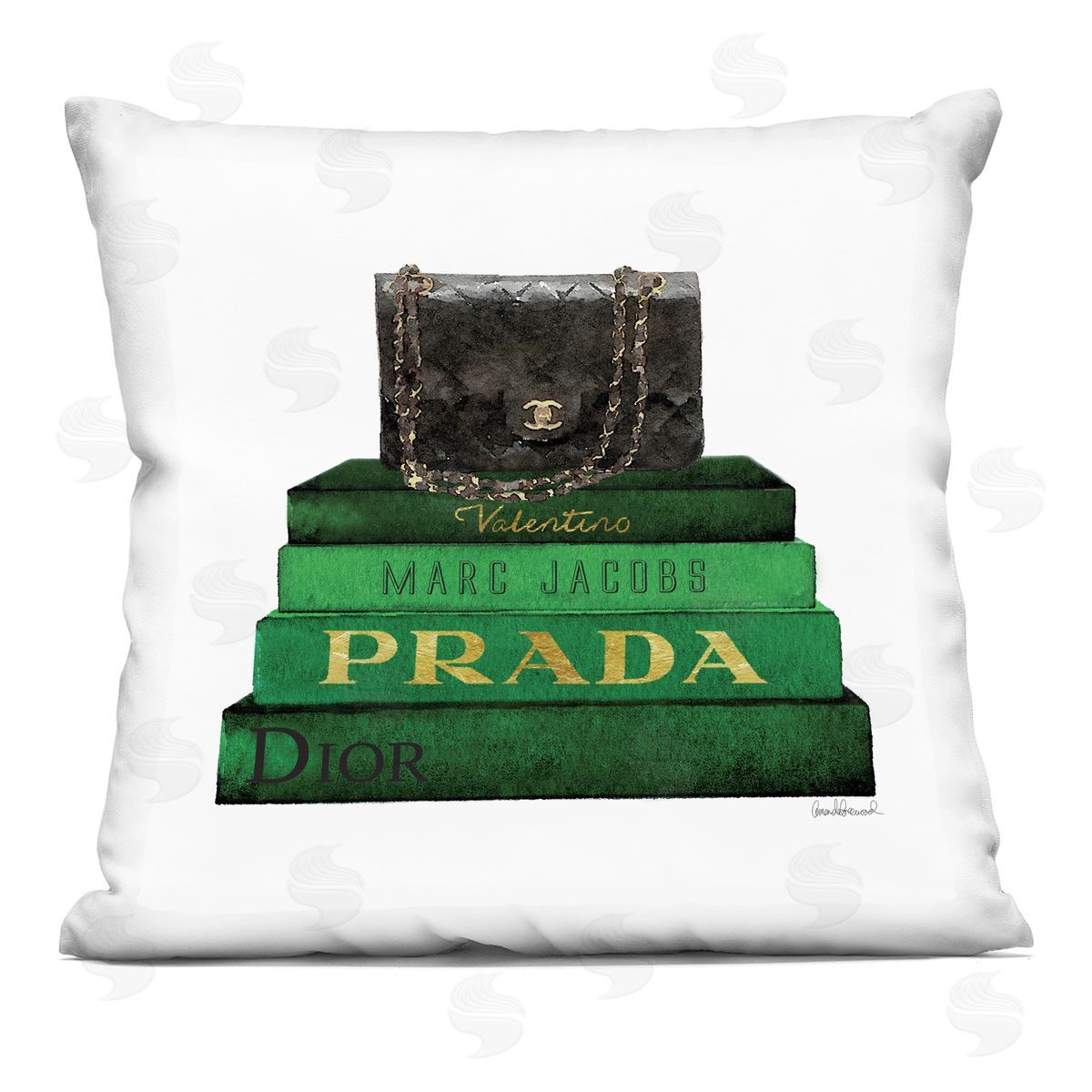 Green Fashion Designer Books Black Stylish Purse Decorative Printed Pillow, Home Decor by Amanda Greenwood