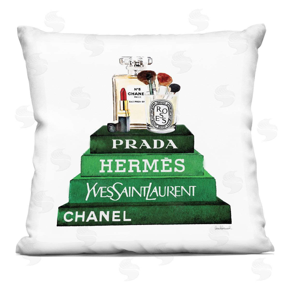 Makeup Cosmetics Atop Glam Brand Bookstack Decorative Printed Pillow, Home Decor by Amanda Greenwood