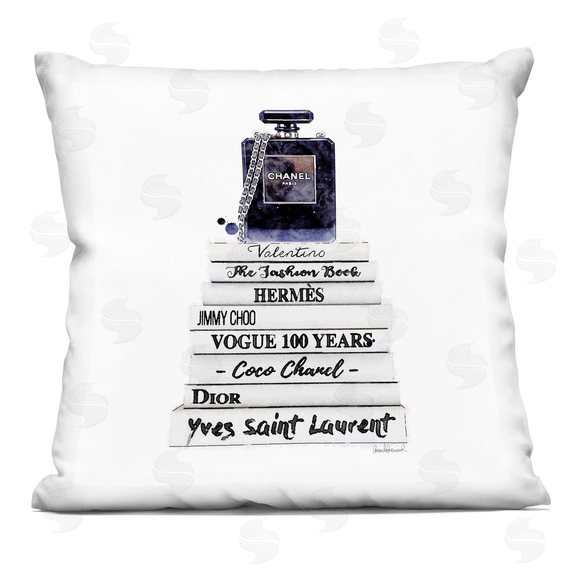 Chic Glam Designer Brands Stacked Perfume Bottle Decorative Printed Pillow, Home Decor by Amanda Greenwood